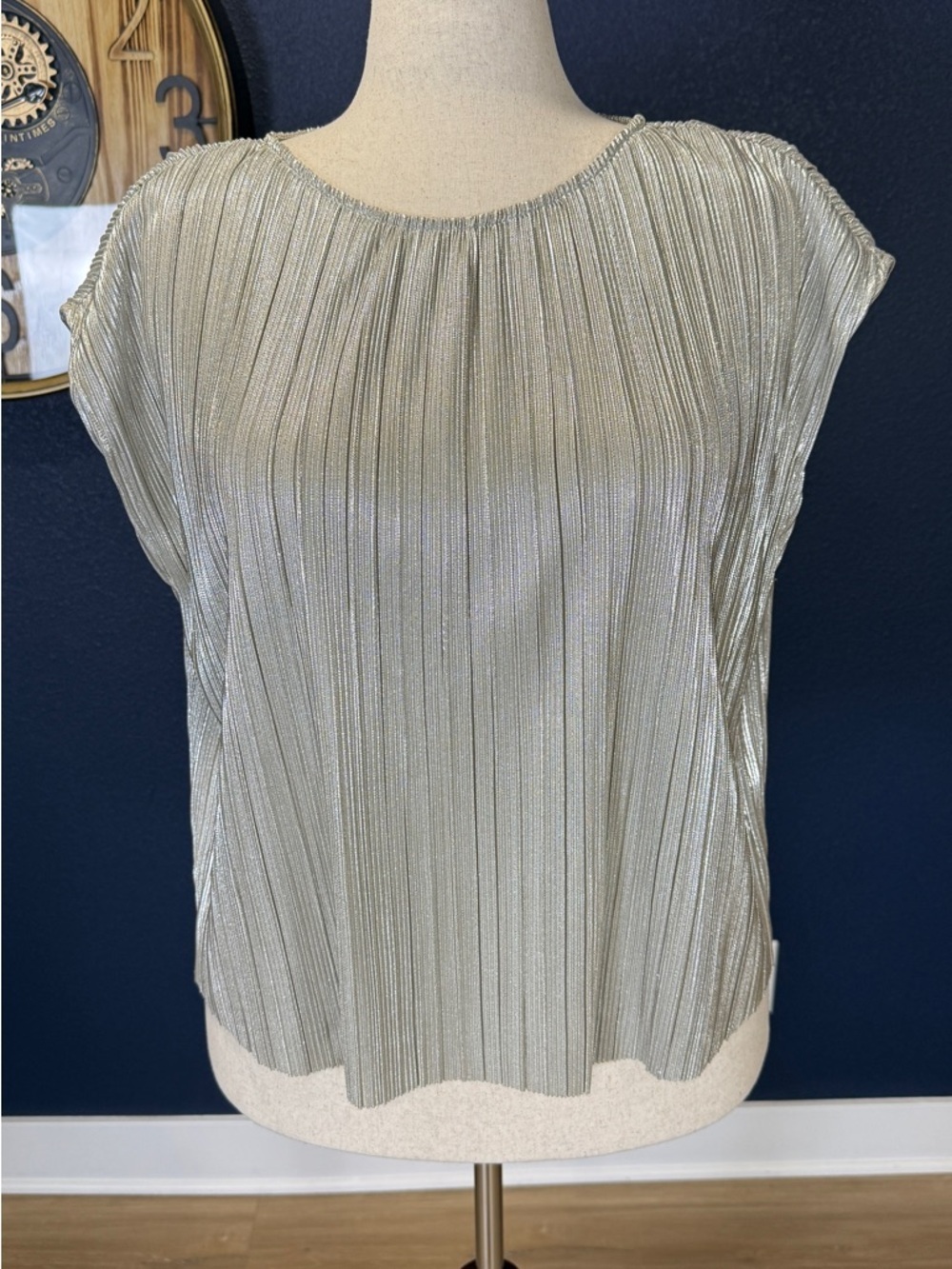 Evereve Metallic Silver Pleated Top Shimmer Short Sleeve Blouse | Large